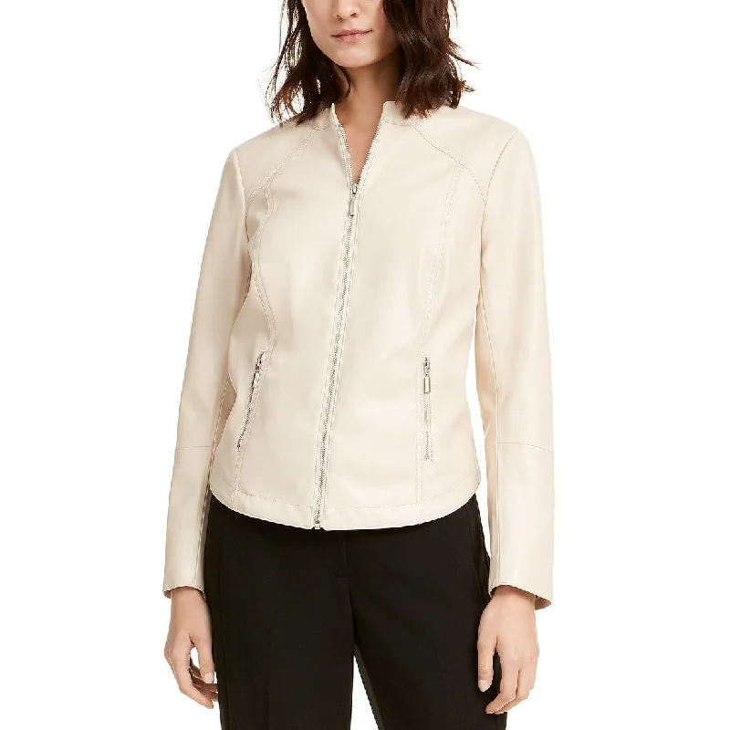 Alfani Women's Faux-Leather Moto Jacket Beige Size Medium