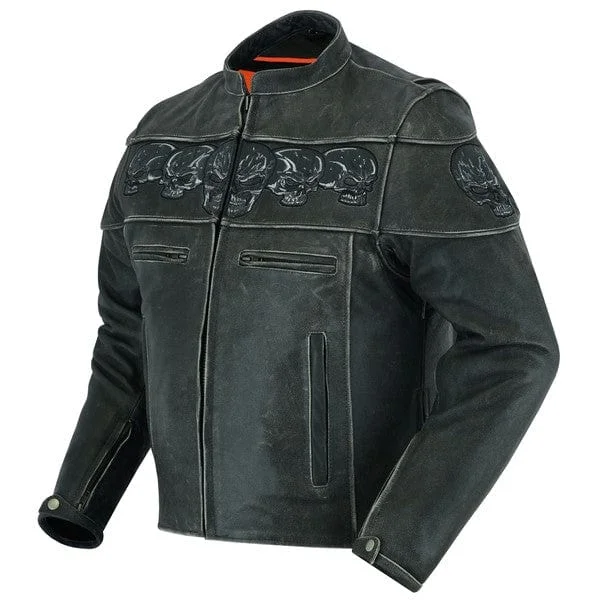 Men's Soft Drum Dyed Distressed Leather Motorcycle Jacket W/Reflective Skulls