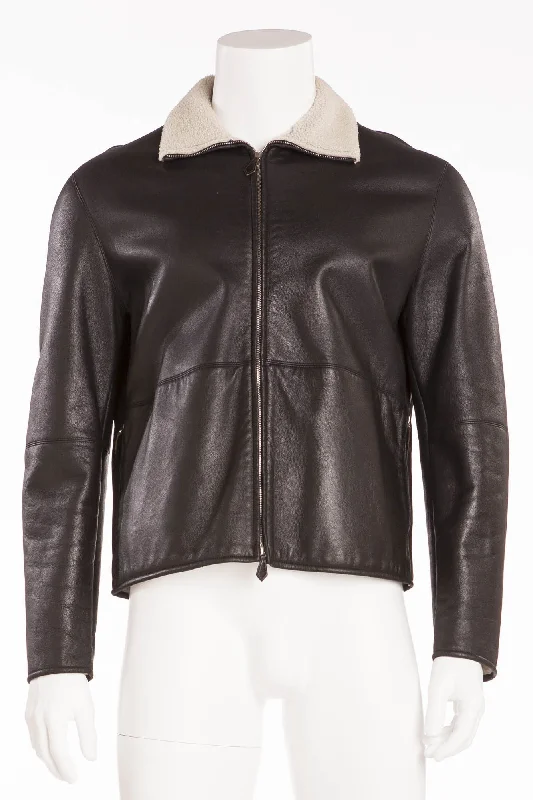 Hermes - Mens Black Zip Up Leather Jacket - FR 54