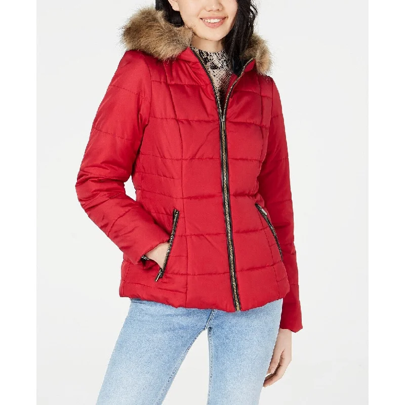 Celebrity Pink Juniors' Puffer Coat With Faux Fur Trim Hood Red Size Small