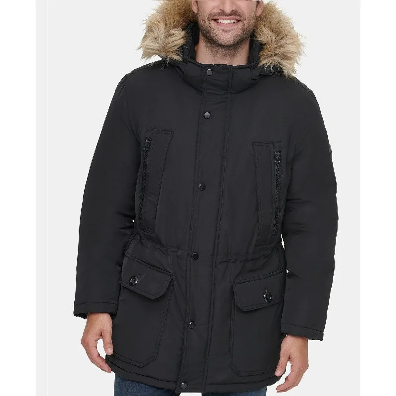 Calvin Klein Men's Long Snorkel Coat With Faux-Fur Trimmed Hood Black Size Small