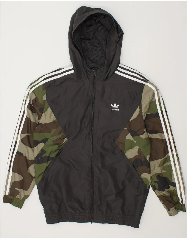 ADIDAS Mens Hooded Rain Jacket UK 38 Medium Black Camouflage Polyester