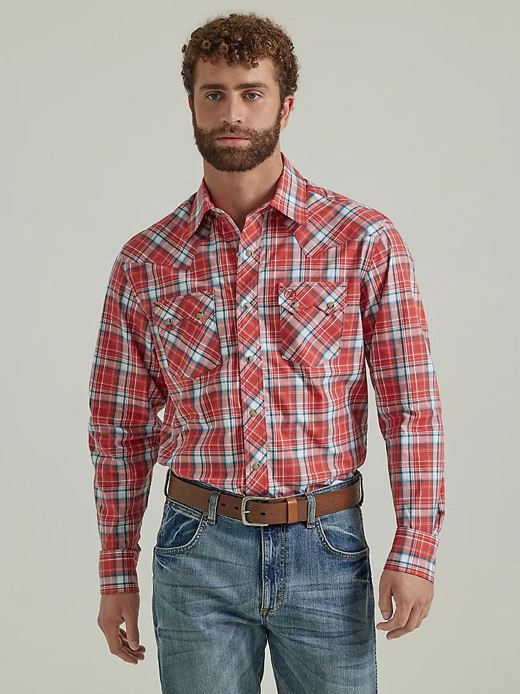 WRANGLER RETRO RED PICNIC LONG SLEEVE SAWTOOTH SNAP SHIRT