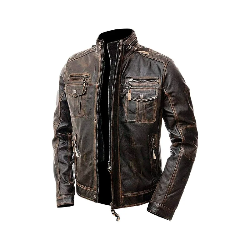 Men's Cafe Racer Distressed Brown Motorcycle Genuine Leather Jacket