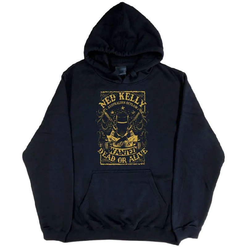 Ned Kelly Wanted Dead or Alive Hoodie (Black, Gold Print, Regular & Big Sizes)