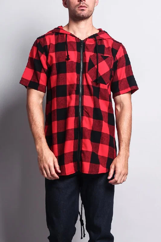 Buffalo Plaid Zip Up Short Sleeve Fishtail Hoodie