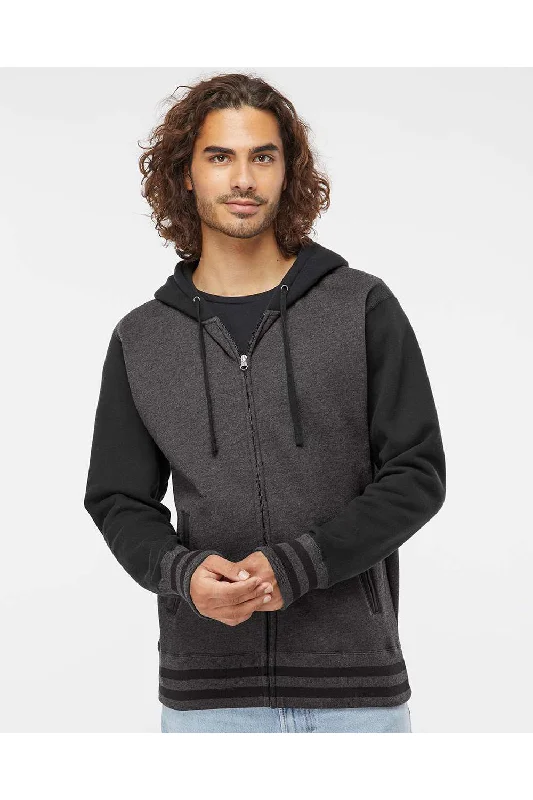 Independent Trading Co. Mens Varsity Full Zip Hooded Sweatshirt Hoodie w/ Pockets - Heather Charcoal Grey/Black