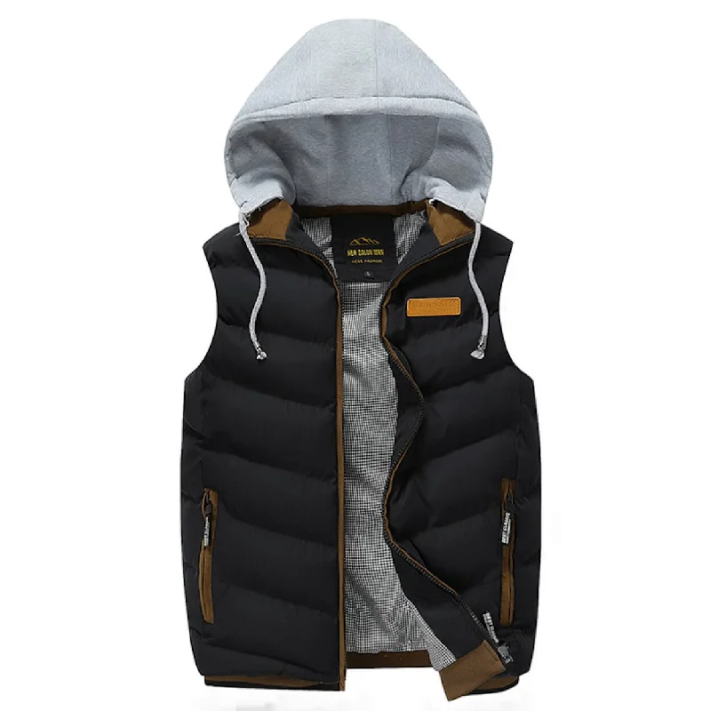 Mens Winter Puffy Vest with Removable Hood in Black