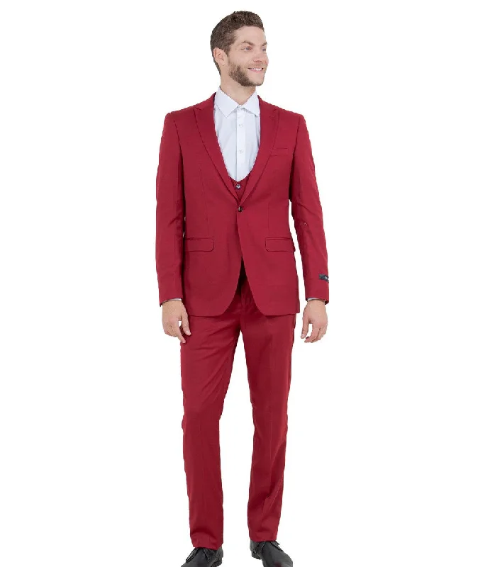 Midas Collection: Ultra Slim Three-Piece Suit with Peak Lapel in Cherry Red