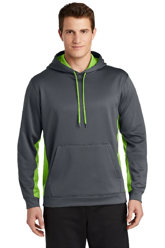 Sport-Tek Mens Sport-Wick Moisture Wicking Fleece Hooded Sweatshirt Hoodie w/ Pouch Pocket - Dark Smoke Grey/Lime Shock Green