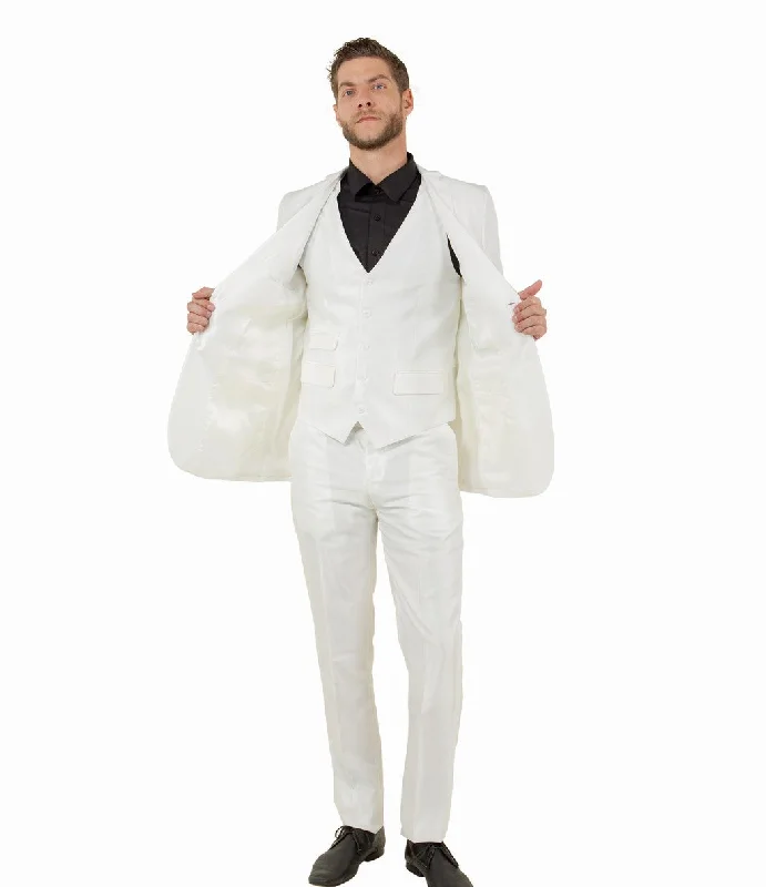 Odyssey Collection: Three-Piece Slim Fit Sharkskin Solid Suit in Ivory