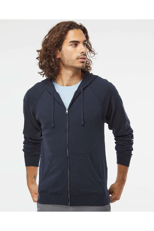 Independent Trading Co. Mens Special Blend Raglan Full Zip Hooded Sweatshirt Hoodie w/ Pockets - Classic Navy Blue - Closeout