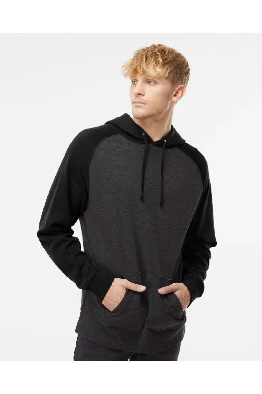 Independent Trading Co. Mens Raglan Hooded Sweatshirt Hoodie w/ Pouch Pockets - Heather Charcoal Grey/Black