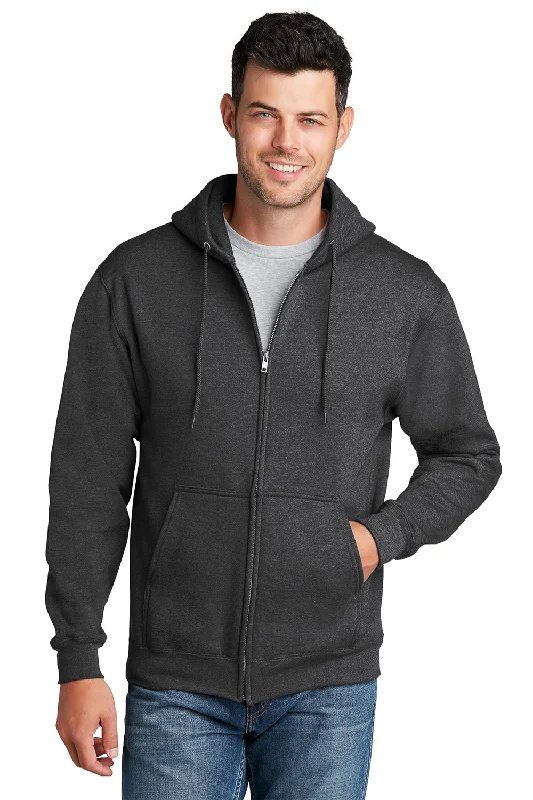 Port & Company Mens Core Pill Resistant Fleece Full Zip Hooded Sweatshirt Hoodie w/ Pockets - Heather Dark Grey