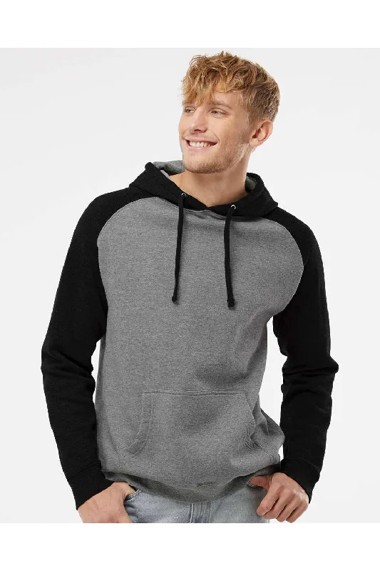 Independent Trading Co. Mens Raglan Hooded Sweatshirt Hoodie w/ Pouch Pockets - Heather Gunmetal Grey/Black