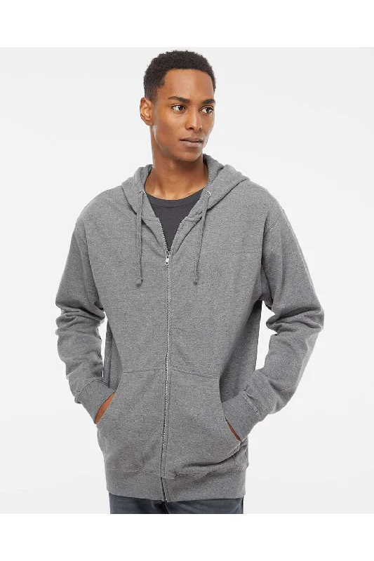 Independent Trading Co. Mens Full Zip Hooded Sweatshirt Hoodie w/ Pockets - Heather Gunmetal Grey