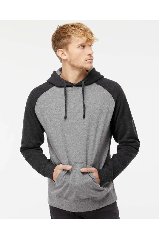 Independent Trading Co. Mens Raglan Hooded Sweatshirt Hoodie w/ Pouch Pockets - Heather Gunmetal Grey/Heather Charcoal Grey