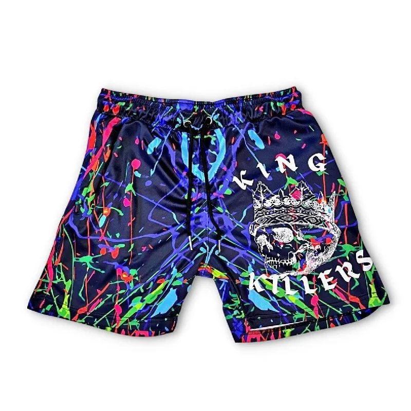 Neon Paint Splatter Mesh Shorts