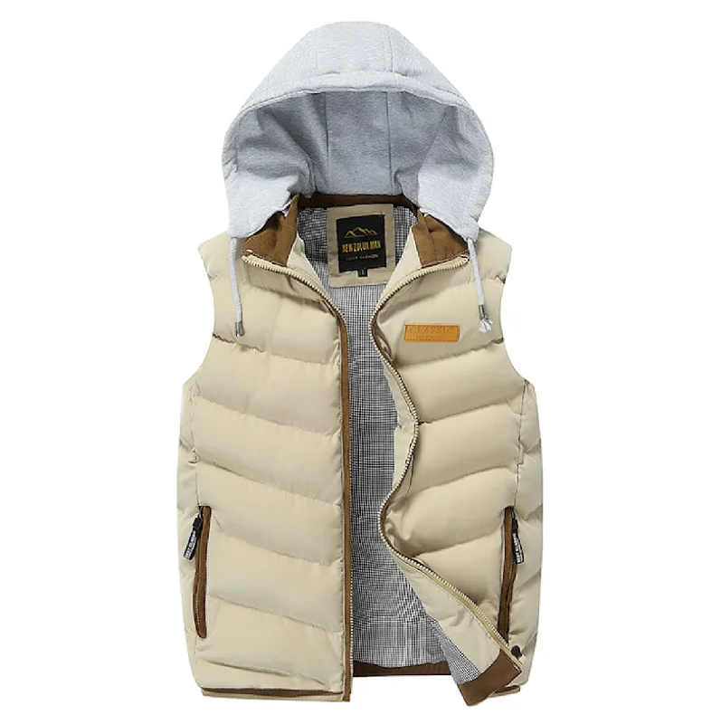 Mens Khaki Winter Puffy Vest with Removable Hood