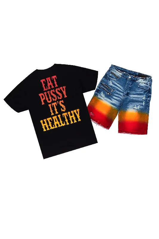 Dorian Black/Orange T-Shirt Denim Short Set