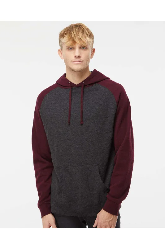 Independent Trading Co. Mens Raglan Hooded Sweatshirt Hoodie w/ Pouch Pockets - Heather Charcoal Grey/Heather Burgundy