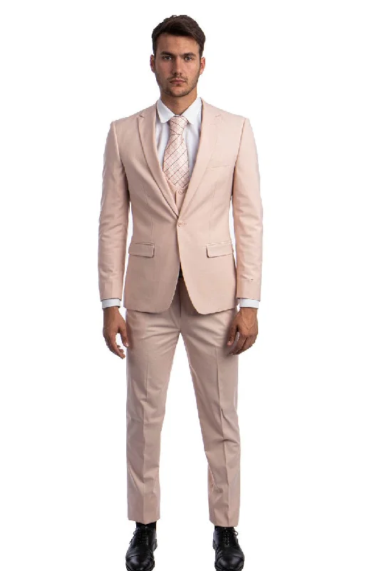 Midas Collection: Ultra Slim Three-Piece Suit with Peak Lapel in Blush