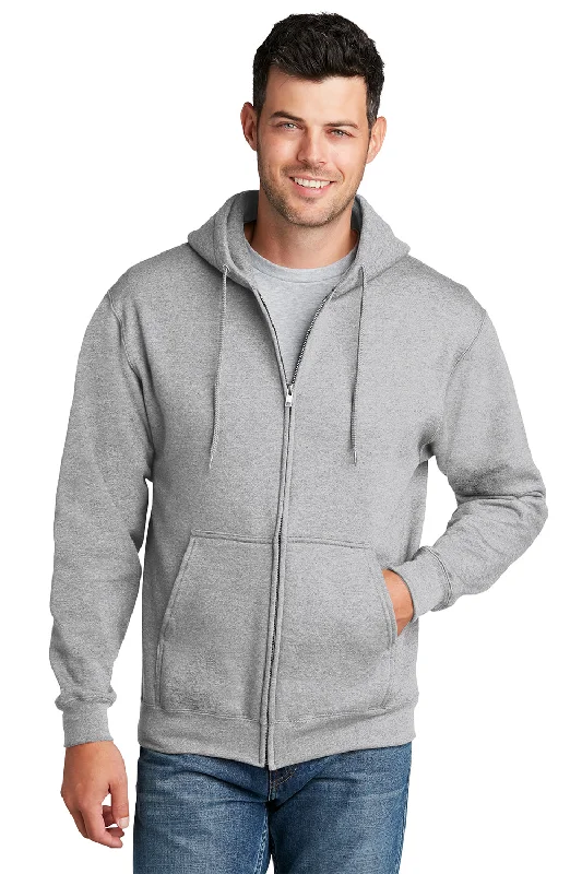 Port & Company Mens Core Pill Resistant Fleece Full Zip Hooded Sweatshirt Hoodie w/ Pockets - Ash Grey