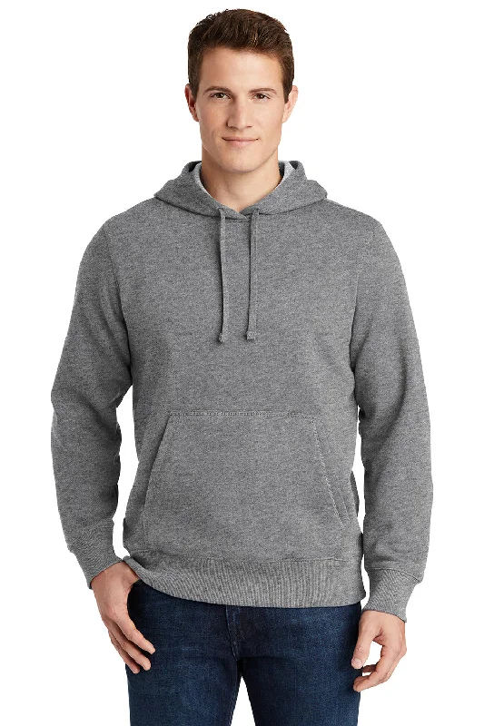 Sport-Tek Mens Shrink Resistant Fleece Hooded Sweatshirt Hoodie w/ Pouch Pocket - Heather Vintage Grey