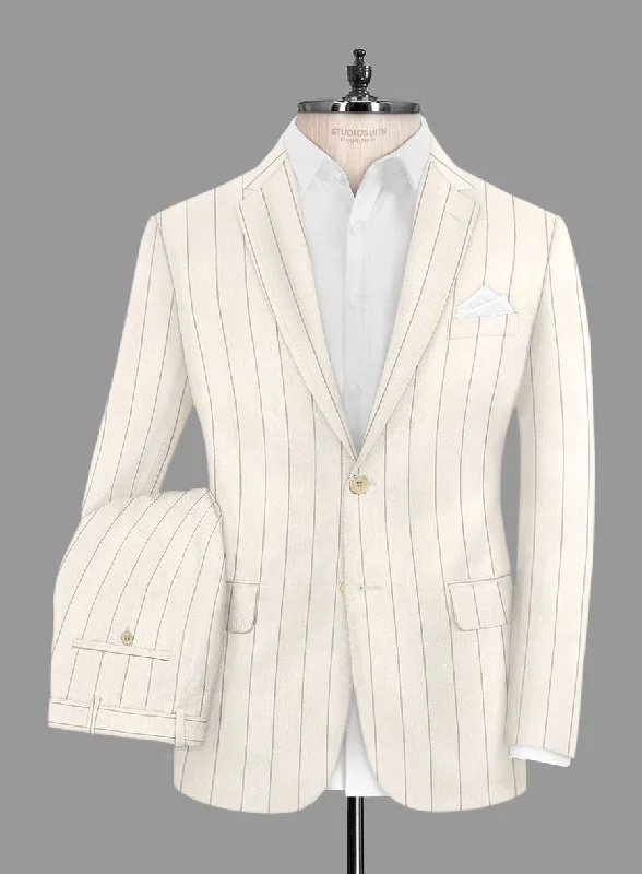 London Loom Beige Stripe Wool Silk Linen Suit