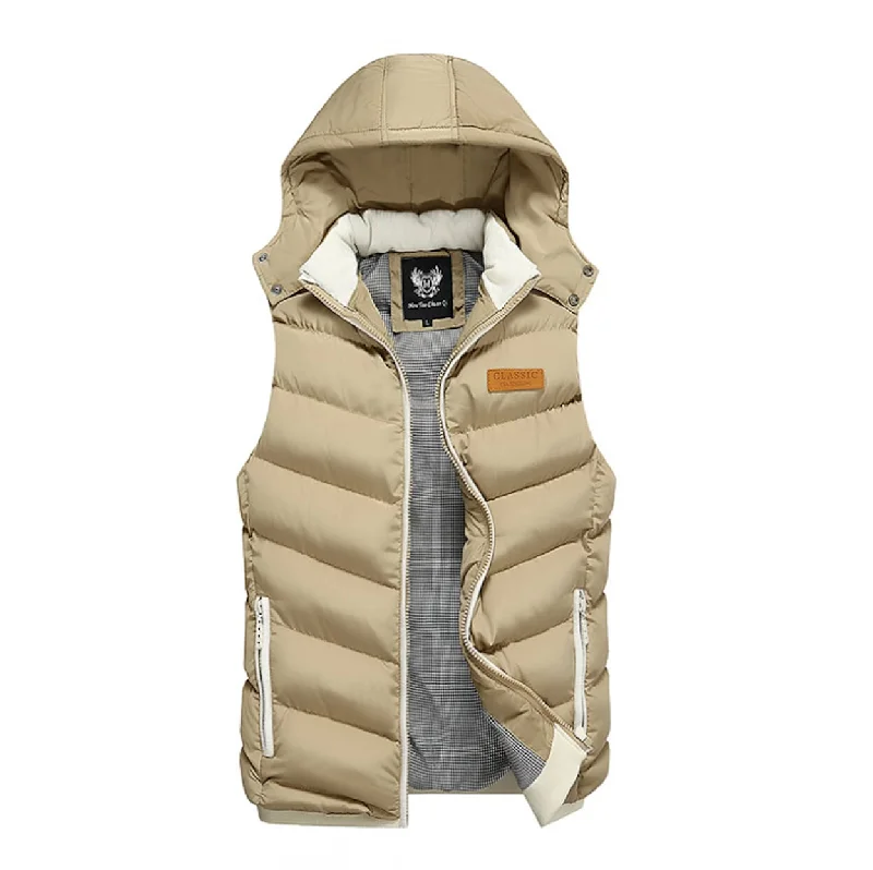 Mens Ultra Warm Winter Hooded Puffy Vest in Khaki