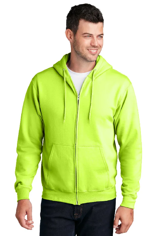 Port & Company Mens Core Pill Resistant Fleece Full Zip Hooded Sweatshirt Hoodie w/ Pockets - Neon Yellow