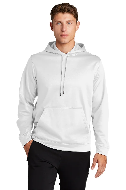 Sport-Tek Mens Sport-Wick Moisture Wicking Fleece Hooded Sweatshirt Hoodie w/ Pouch Pocket - White