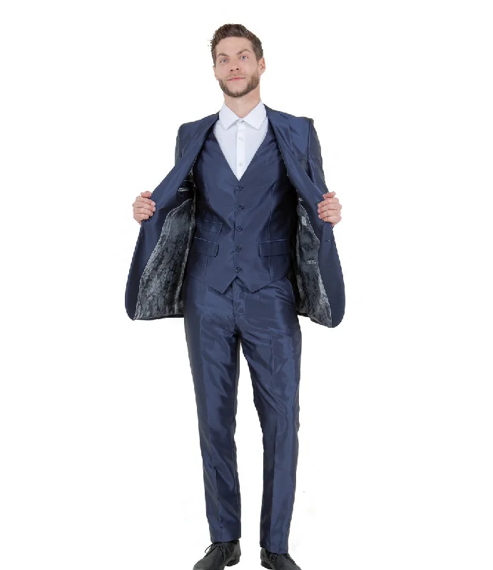 Odyssey Collection: Three-Piece Slim Fit Sharkskin Solid Suit in Navy