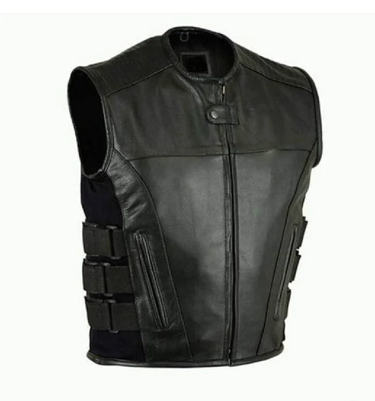 Men's Motorcycle Biker Tactical SWAT Style Black Leather Vest