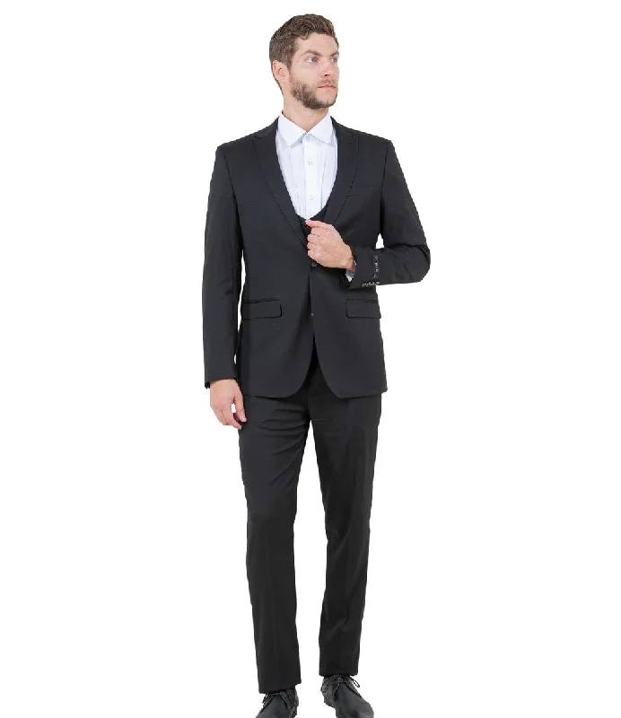 Midas Collection: Ultra Slim Three-Piece Suit with Peak Lapel in Black