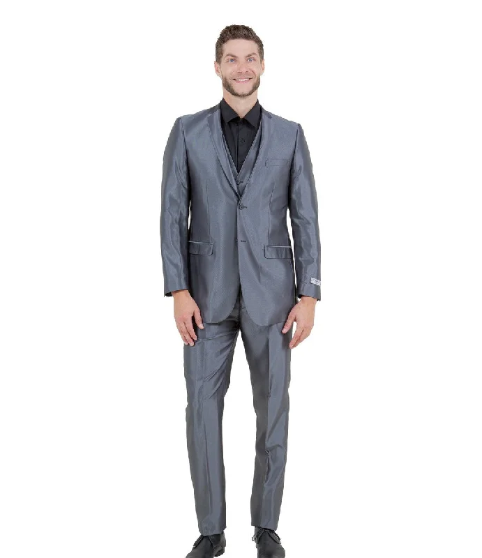 Odyssey Collection: Three-Piece Slim Fit Sharkskin Solid Suit in Dark Grey