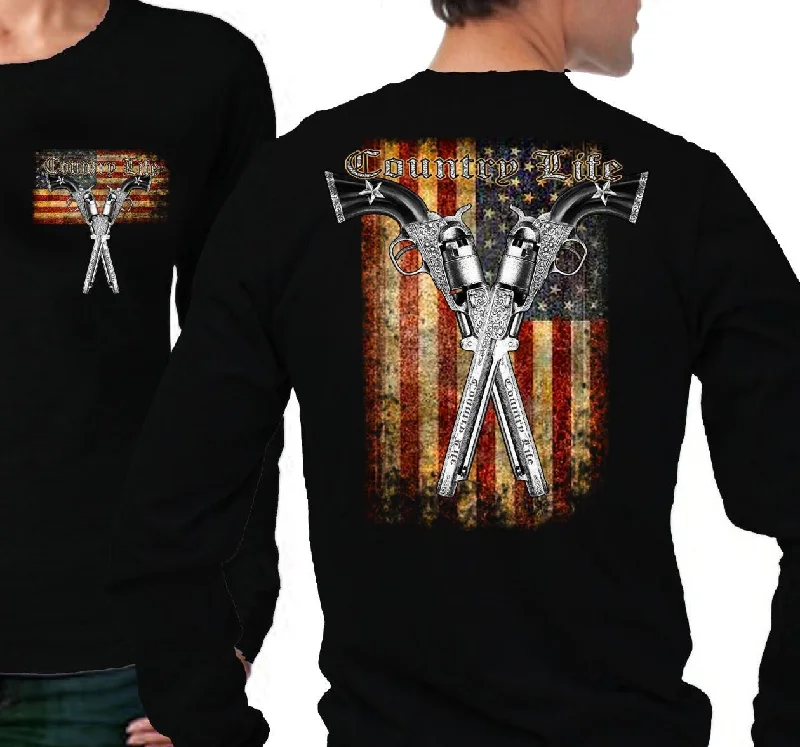 Country Life Outfitters USA American Flag Guns Vintage Unisex Black Long Sleeves Bright T Shirt