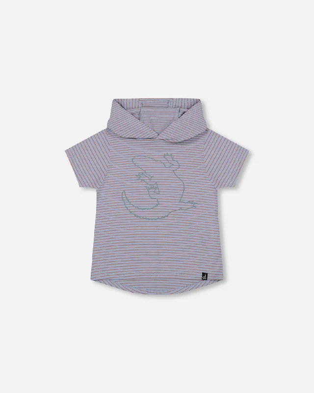 Hooded T-Shirt With Crocodile Print Blue And Rust Stripe