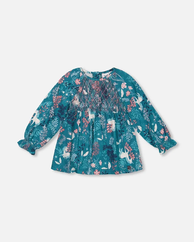 Long Sleeve Viscose Blouse Turquoise Printed Fairy Unicorn