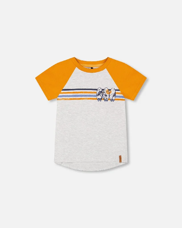 Organic Cotton Raglan T-Shirt Light Gray Mix And Orange