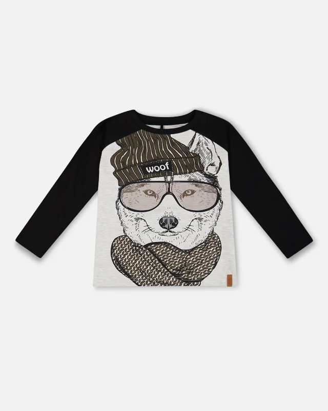 Raglan T-Shirt With Print Gray Mix And Black