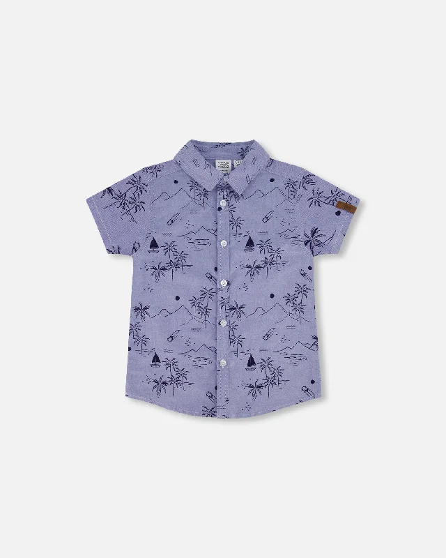 Short Sleeve Chambray Shirt Blue Printed Beach