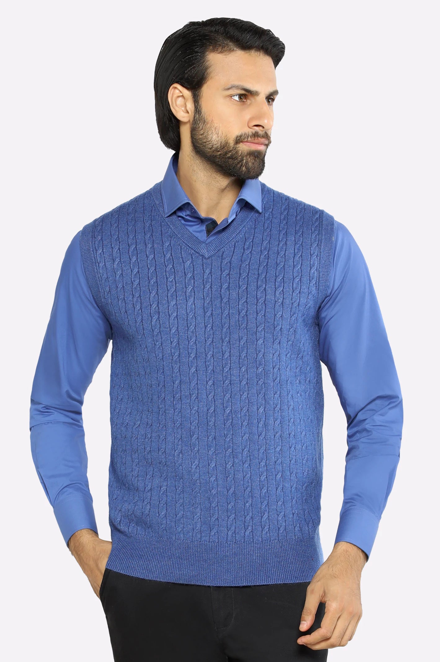 Men V-neck Sky Blue Sleeveless Sweater