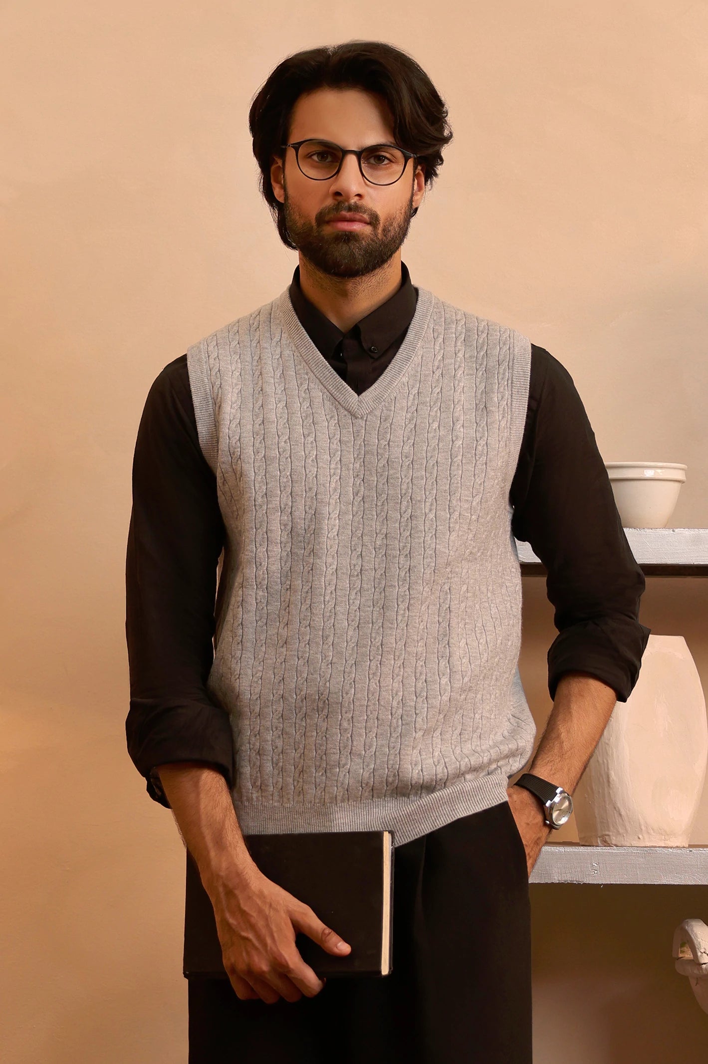 Men V-neck Light Grey Sleeveless Sweater