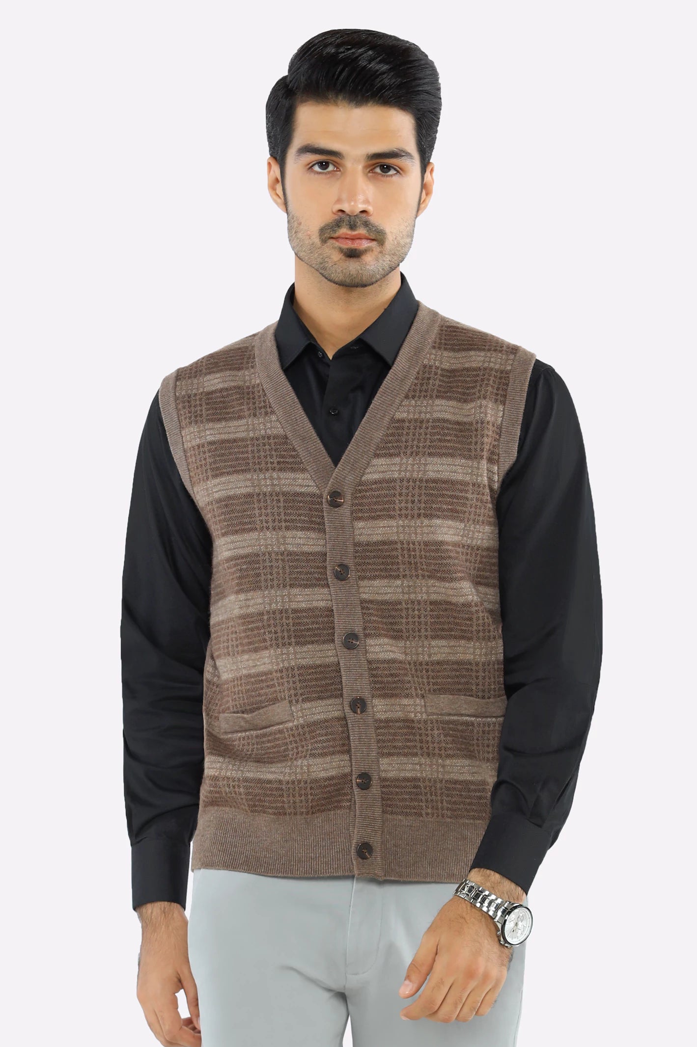 Men Light Brown Sleeveless Cardigan