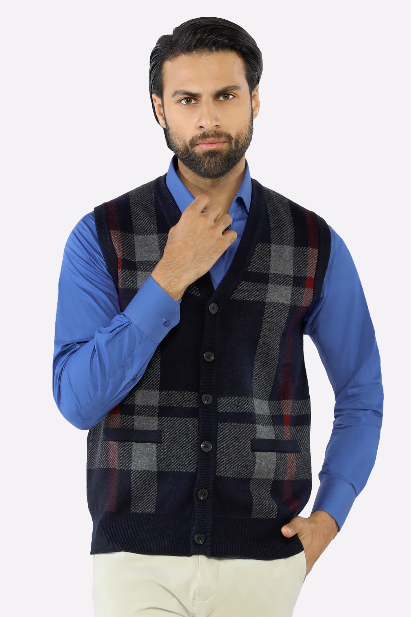 Men Navy Sleeveless Cardigan