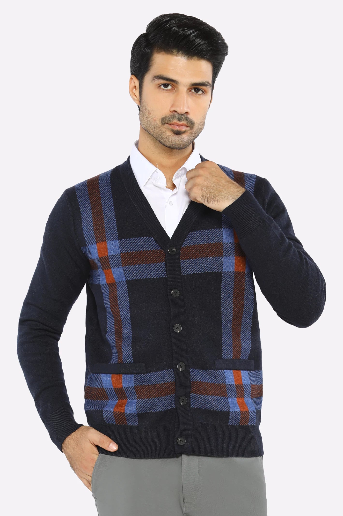 Men Full Sleeves Dark Blue Cardigan