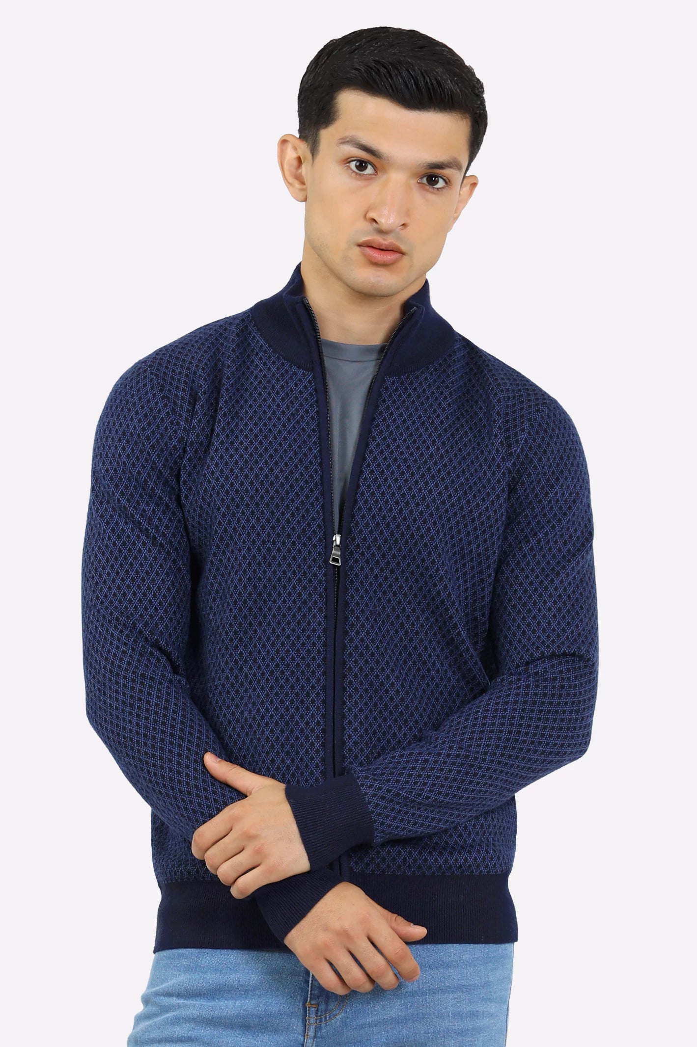 Men Dark Blue Zipper Cardigan