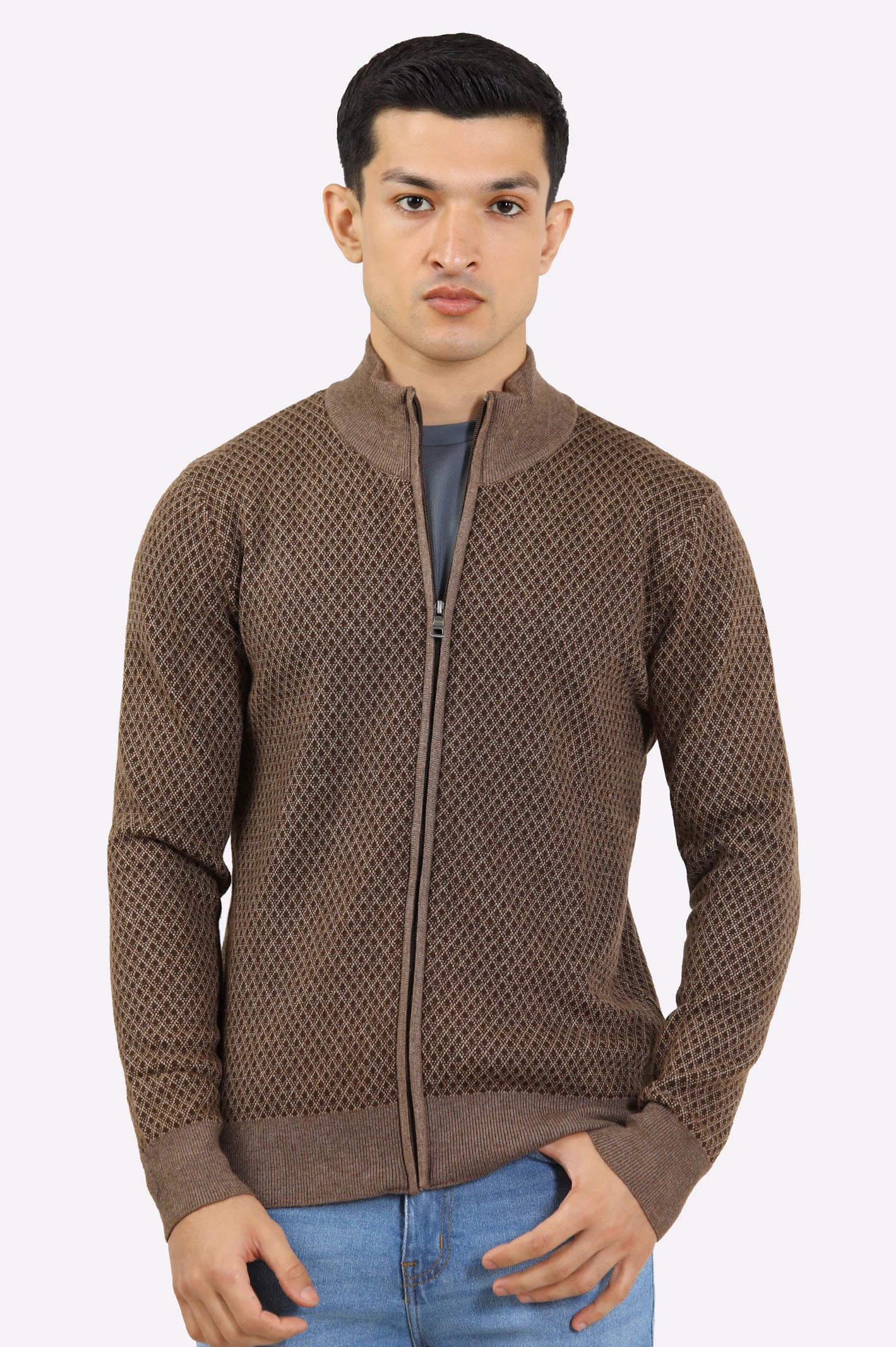 Men Dark Brown Zipper Cardigan