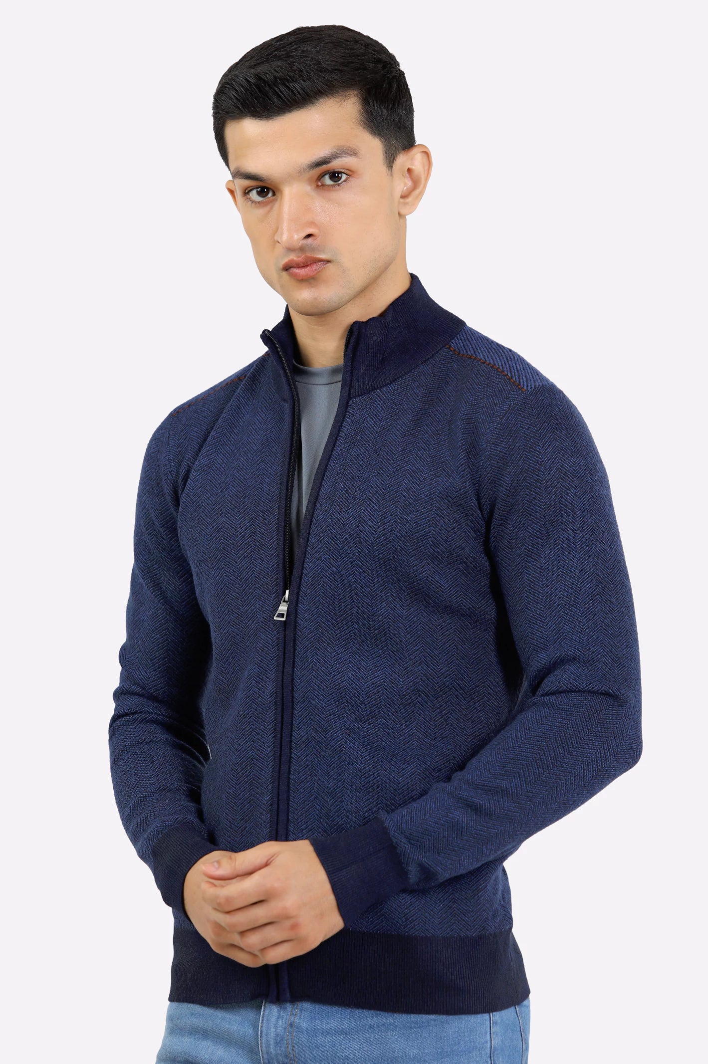 Men Dark Blue Zipper Cardigan